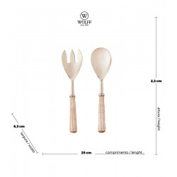 Jogo 2 Talheres Para Salada de Aço Inox Com Cabo de Rattan Dourado